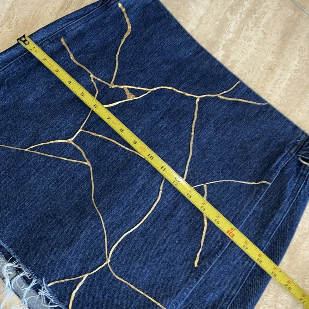 “Kintsugi” style OOAK SKIRT, Women's 8 gold embellishment, wrap, denim, raw hem.